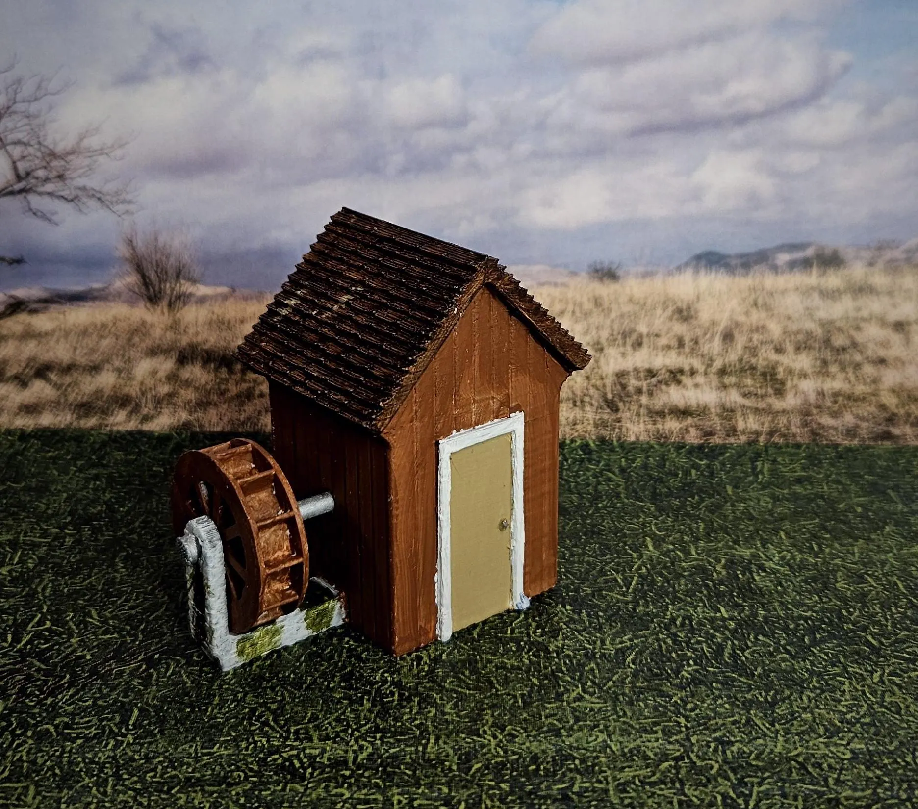 Rear angled view of the HO scale medium waterwheel building
