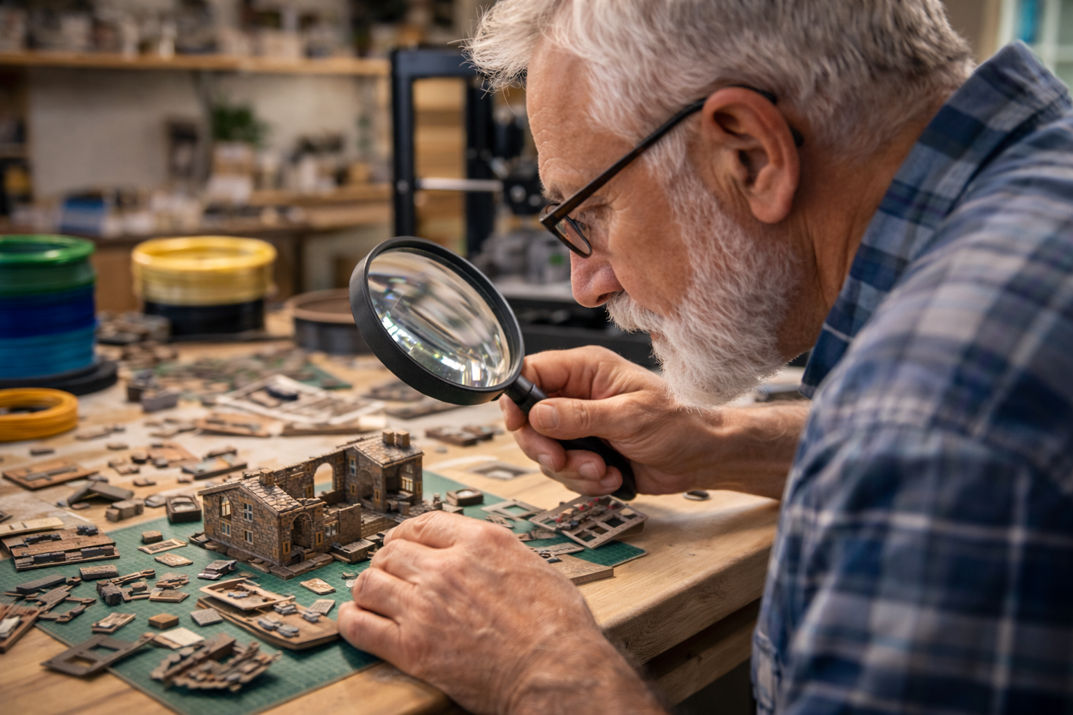 Examining small detailed model railroad parts