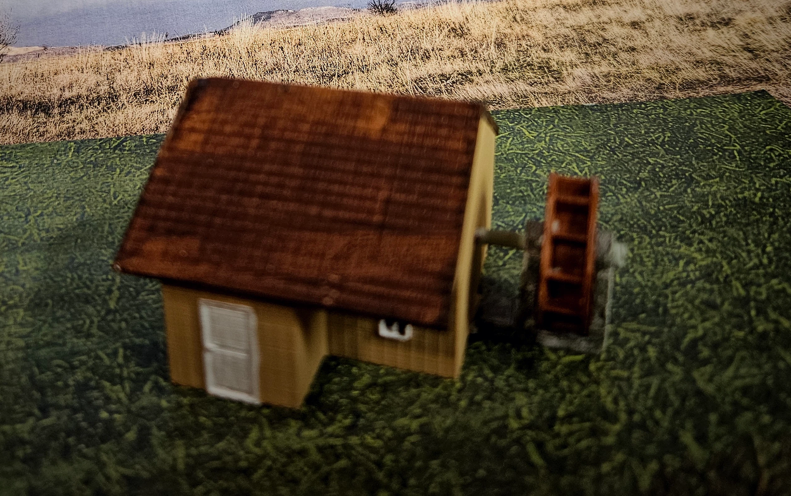 Detailed roof and stone-style waterwheel supports