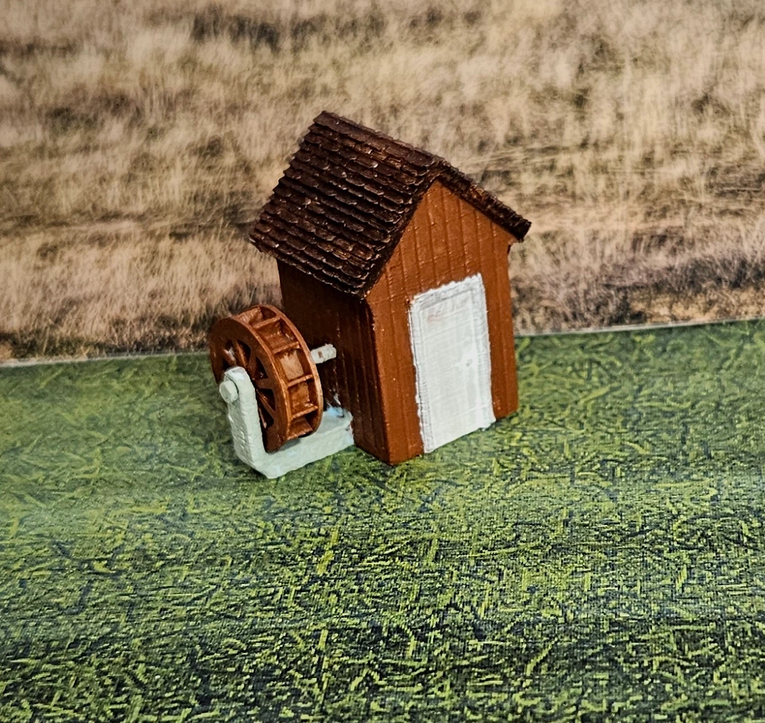 Rear angled view of the N scale medium waterwheel building