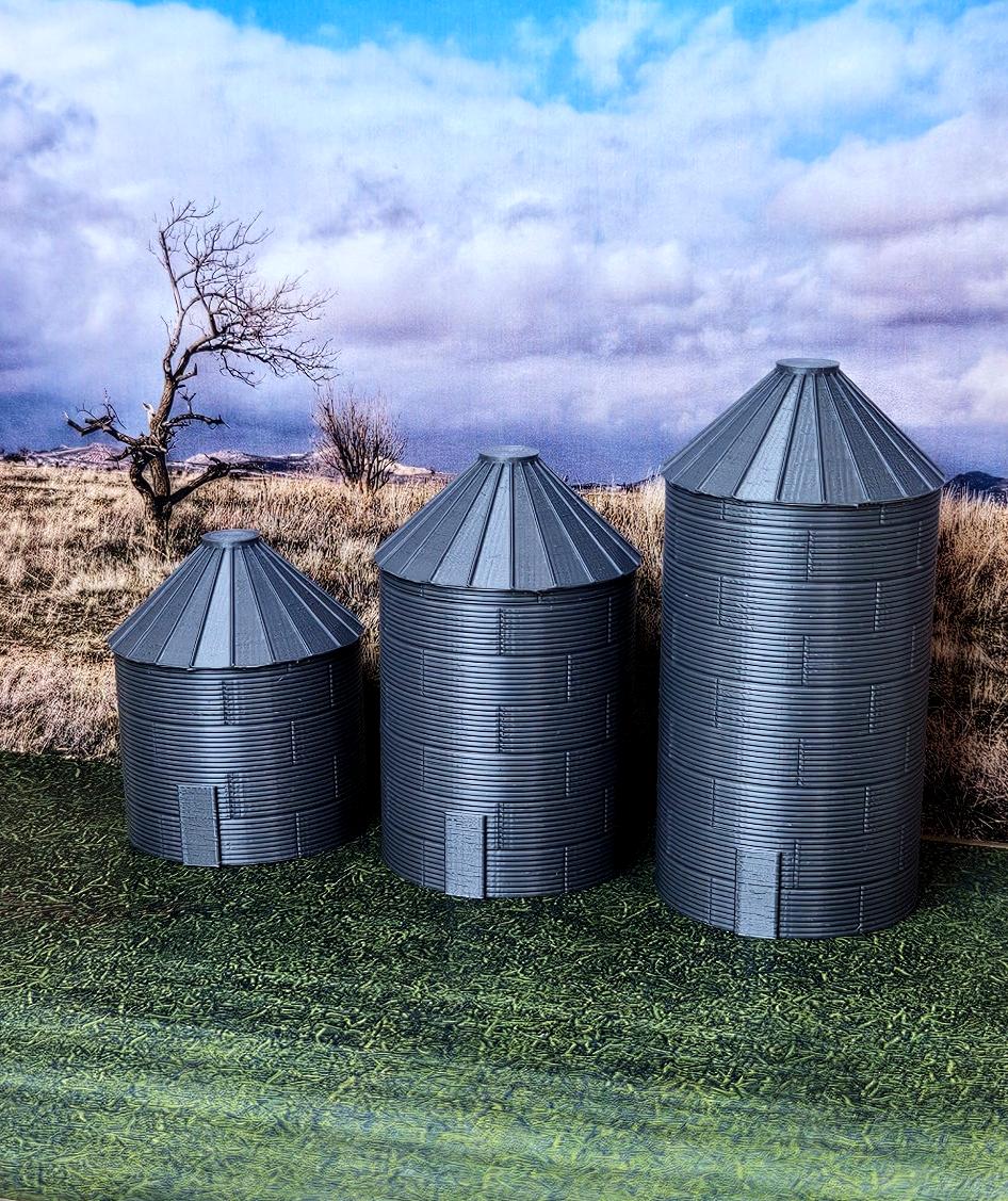 N scale grain silo set with 20-foot, 30-foot, and 40-foot silos