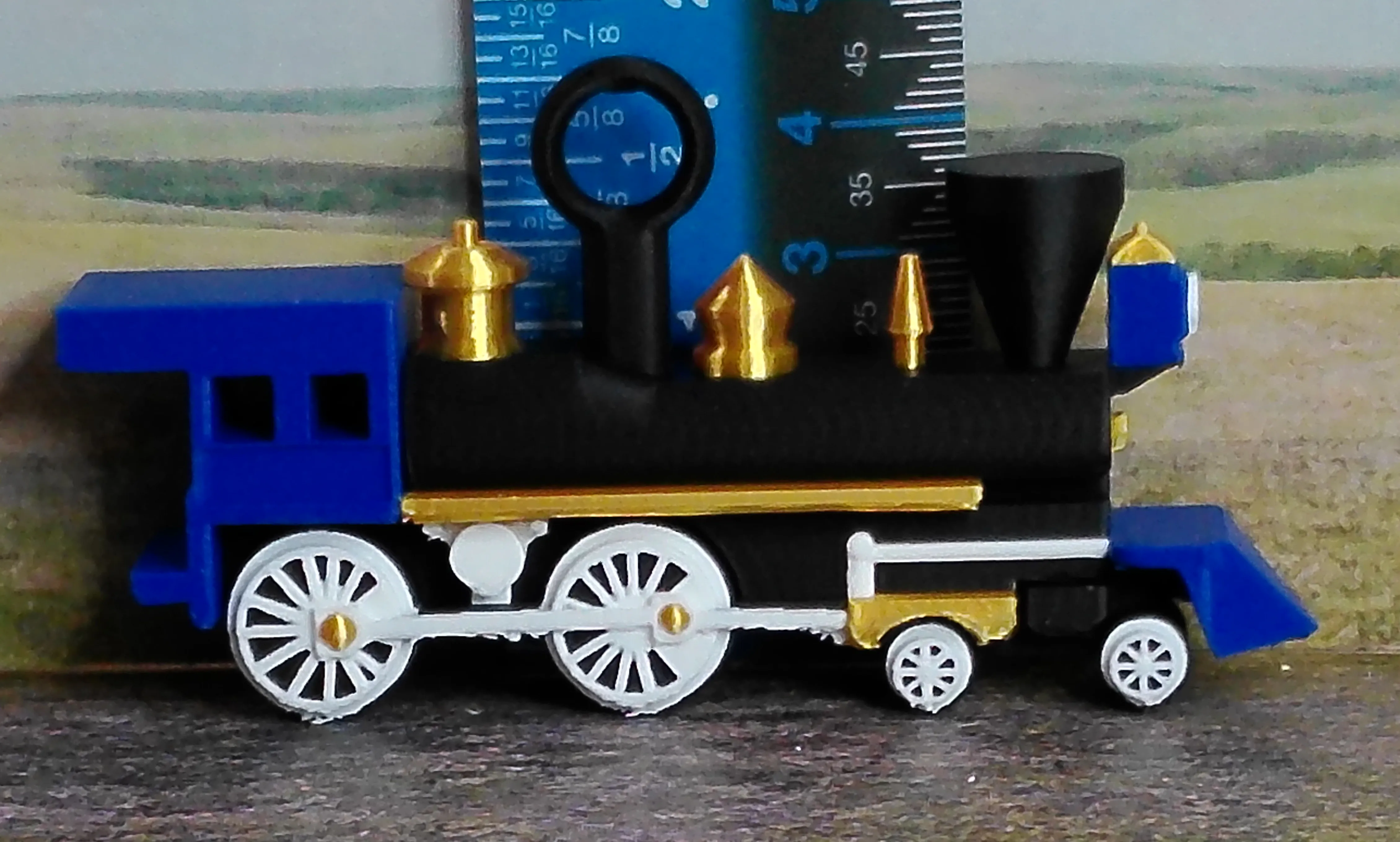 Front view showing the approximate width of the blue locomotive ornament