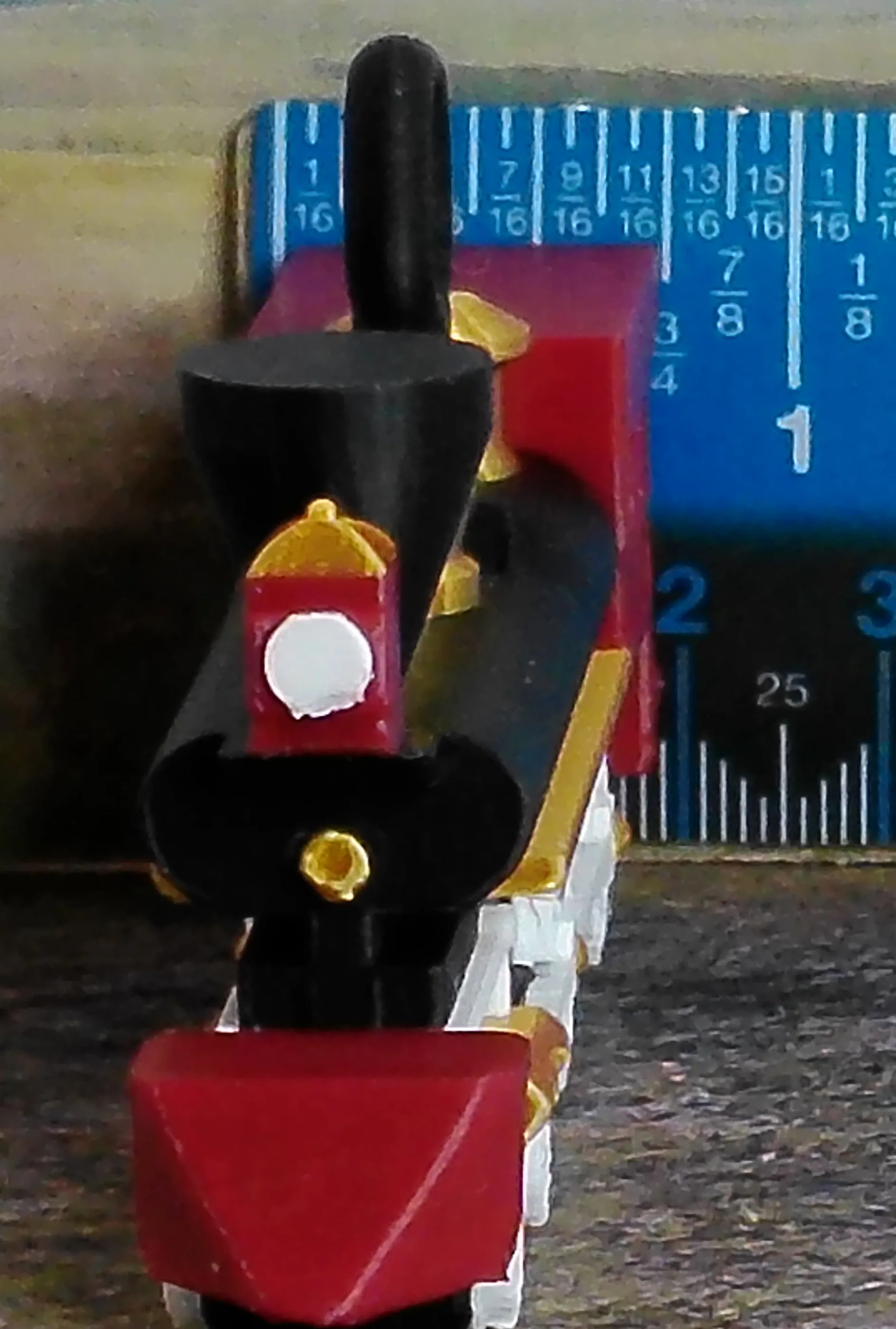 Front view showing the approximate height of the red locomotive ornament